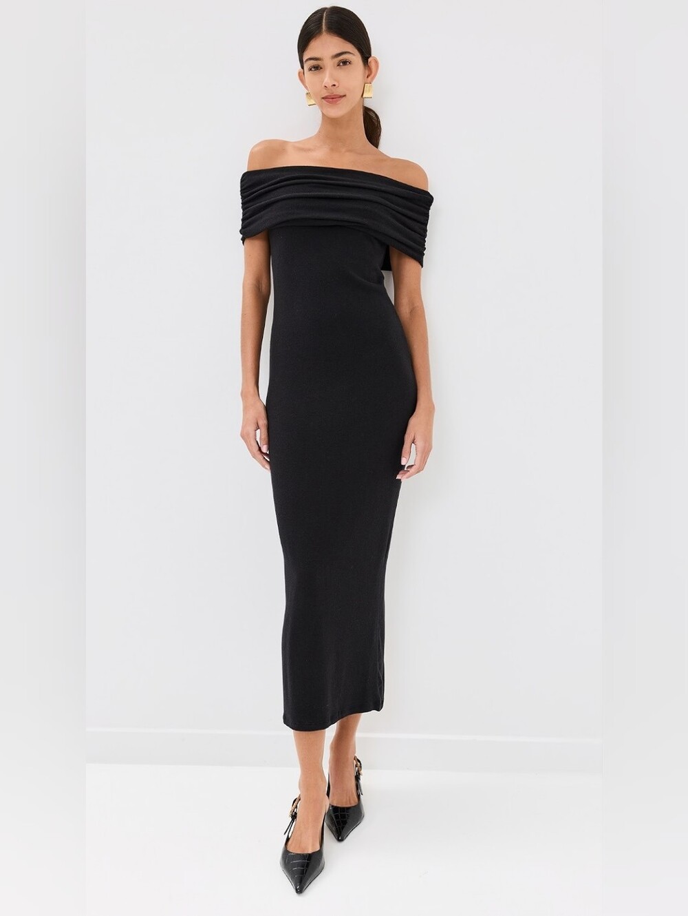 NWT REFORMATION Josefina off the shoulder Knit Black Maxi Dress Size Large L